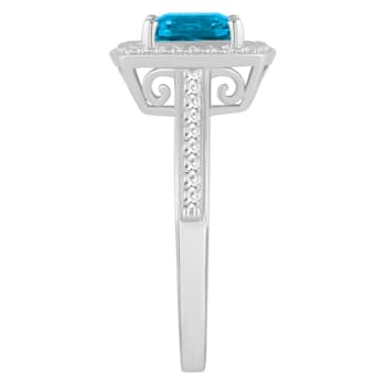7mm Cushion Blue Topaz 1/4 ctw Diamond Rhodium Over Sterling Silver Halo Ring