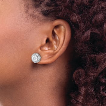 Rhodium Over 14K White Gold Round Halo G H I True Light Moissanite Earrings