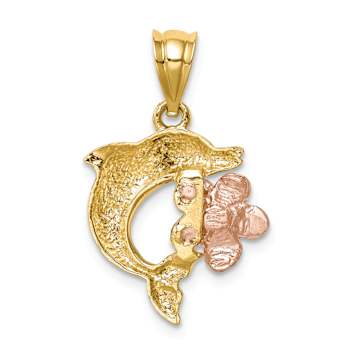 14k Yellow Gold and 14k Rose Gold Brushed, Polished and Diamond-Cut
Plumeria with Dolphin Pendant