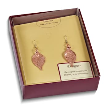 Copper Dipped Evergreen Leaf Gold Tone Shepherd Hook Earrings