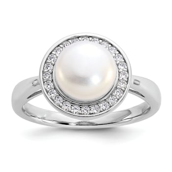 Rhodium Over Sterling Silver Freshwater Cultured Pearl and Cubic
Zirconia Halo Ring