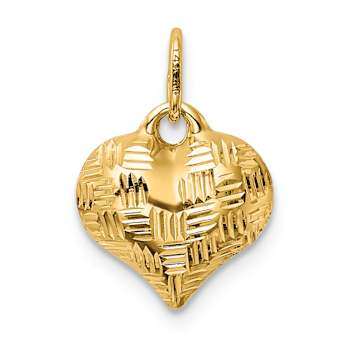 14k Yellow Gold Polished and Diamond-Cut Basket Weave Pattern 3D Heart Pendant