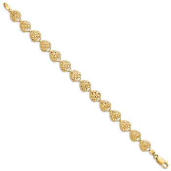 14k Yellow Gold Polished, Textured and Diamond-Cut Hearts Link Bracelet