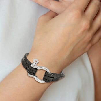 Black Leather and Stainless Steel Polished Multi Strand 8.5-inch Shackle Bracelet