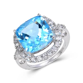 Blue and White Topaz Sterling Silver Halo Ring, 11.58ctw