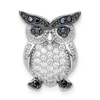 Rhodium Over Sterling Silver Black and Clear Cubic Zirconia Owl Chain Slide
