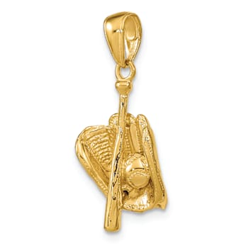 14k Yellow Gold 3D Polished and Textured Glove/Bat/Baseball Pendant