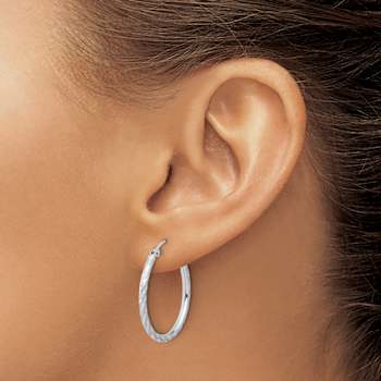 Rhodium Over 14k White Gold Polished, Satin and Diamond-Cut 1 1/16"
Hoop Earrings