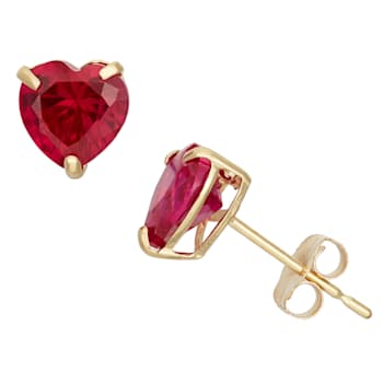 Lab Created Ruby 10k Yellow Gold Heart Stud Earrings 1.40ctw