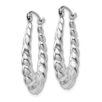 Rhodium Over 14k White Gold Polished and Textured 15/16" Oval Hoop Earrings