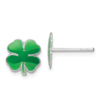 Rhodium Over Sterling Silver Enamel 4 Leaf Clover Children's Post Earrings