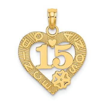 14k Yellow Gold Textured QUINCE ANOS 15 in Heart Charm