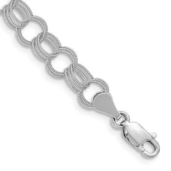 Rhodium Over 14k White Gold Solid 6mm Triple Link Charm Bracelet