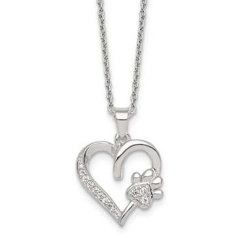 Sterling Silver Polished Cubic Zirconia Heart and Paw Necklace