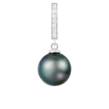 Black Cultured Tahitian Pearl and Diamond 14K White Gold Pendant 10-11mm
