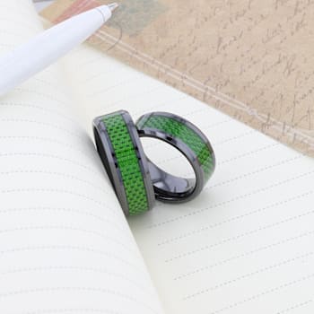 MATLAL Beveled Black Ceramic Ring with Emerald Green Carbon Fiber Inlay 8mm