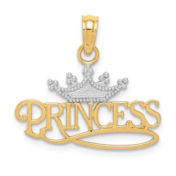 14k Two-tone Gold  Polished and Textured Princess with Crown Pendant