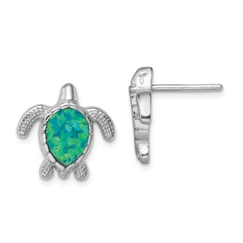 Rhodium Over Sterling Silver Green Lab Created Opal Turtle Post Earrings