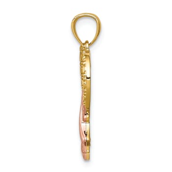 14k Two-tone Gold Pink Ribbon with Textured Heart Pendant