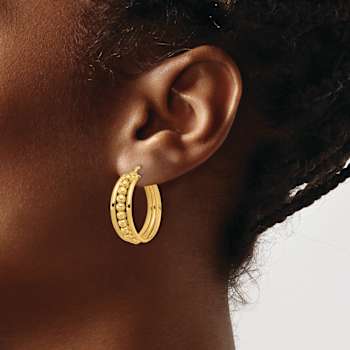 14k Yellow Gold 1" Polished and Beaded Hoop Earrings
