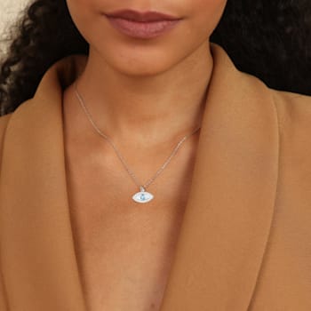 Blue Topaz and Moissanite Rhodium Over Sterling Silver Evil Eye Necklace