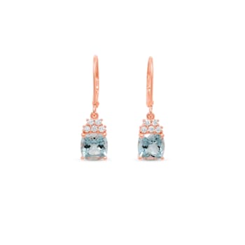 Aquamarine and CZ Cushion 18K Rose Gold Over Sterling Silver Drop
Earrings, 2.65ctw