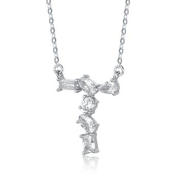 Initial T Mixed Cut CZ Pendant Necklace In Sterling Silver 18 Inch