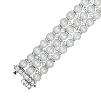Triple-Strand Pearl And CZ Bracelet In Sterling Silver