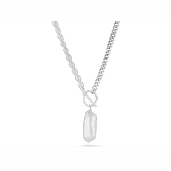 Cultured Freshwater Pearl Curb Chain Necklace in Sterling Silver