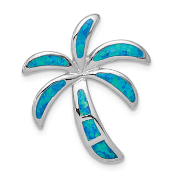 Rhodium Over Sterling Silver Lab Created Blue Opal Palm Tree Slide