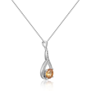 Round Citrine and White Sapphire Sterling Silver Pendant With Chain
