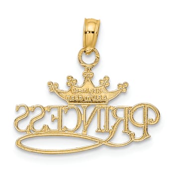 14k Two-tone Gold  Polished and Textured Princess with Crown Pendant