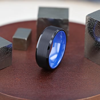 RIGEL Flat Beveled Edges Black Tungsten Ring with Brushed Center and
Vibrant Blue Ceramic Inside 8mm