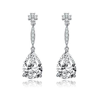 Pear Shape CZ Halo Drop Earrings In Sterling Silver