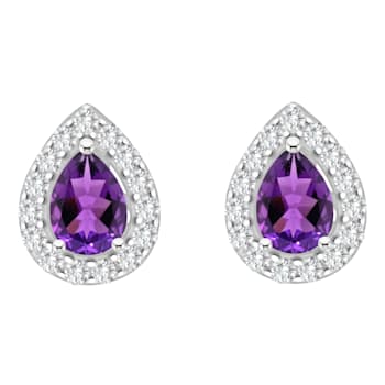 8x5mm Pear Shape Amethyst And White Topaz Accent Rhodium Over Sterling
Silver Halo Stud Earrings