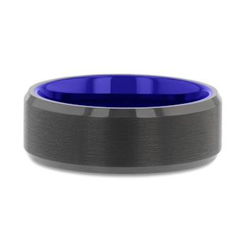 RIGEL Flat Beveled Edges Black Tungsten Ring with Brushed Center and
Vibrant Blue Ceramic Inside 8mm