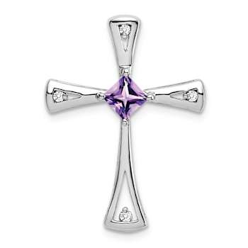 Rhodium Over 10k White Gold 0.29 ctw Amethyst and Accent Diamond Cross Pendant