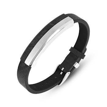 Mens Black Leather, Stainless Steel and Carbon Fiber Bracelet