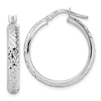 Rhodium Over 14k White Gold Diamond-Cut 15/16" Hoop Earrings