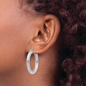 Rhodium Over Sterling Silver 4.00mm Diamond-cut Hoop Earrings