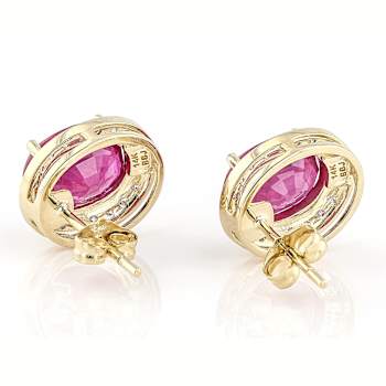 Ruby Oval And White Diamond Stud Earrings In Solid 14K Yellow Gold 3.87ctw