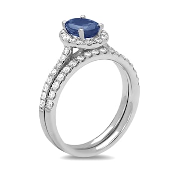 1.45ctw Sapphire and Diamond Engagement Ring with Band Ring in 14k White Gold