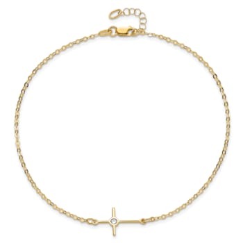 14K Yellow Gold Polished CZ Cross Anklet