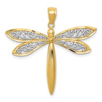 14k Two-tone Gold Textured Dragonfly Pendant