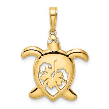 14K Two-tone Gold Diamond-Cut Floral Turtle Pendant