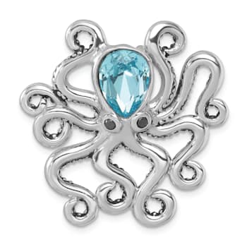 Rhodium Over Sterling Silver Polished Blue Crystal Octopus Chain Slide Pendant