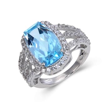 Blue and White Topaz Sterling Silver Halo with Split Shank Cocktail
Ring, 9.33ctw
