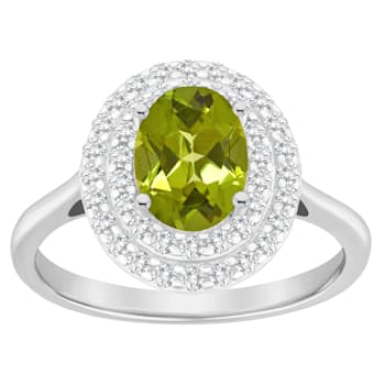 8x6mm Oval Peridot And White Topaz Accents Rhodium Over Sterling Silver
Double Halo Ring