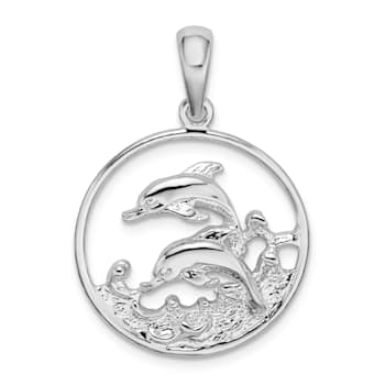 Rhodium Over Sterling Silver Polished Dolphins Swimming Oval Pendant