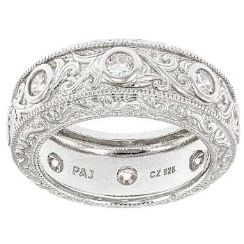 Filigree Design CZ Eternity Band Ring In Sterling Silver
